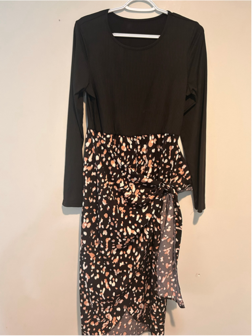 Women's SHEIN Midi Dress Size L Black Beige Animal Print Long Sleeve